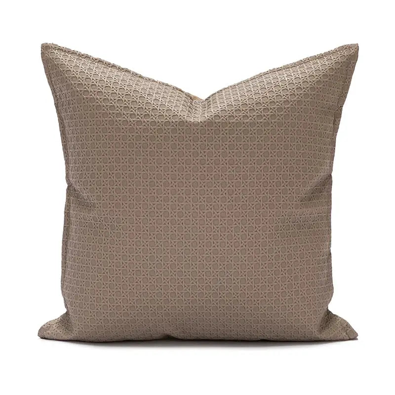 Beige faux leather cushion cover 45x45cm with subtle woven geometric pattern decorbites brown beige living room decor