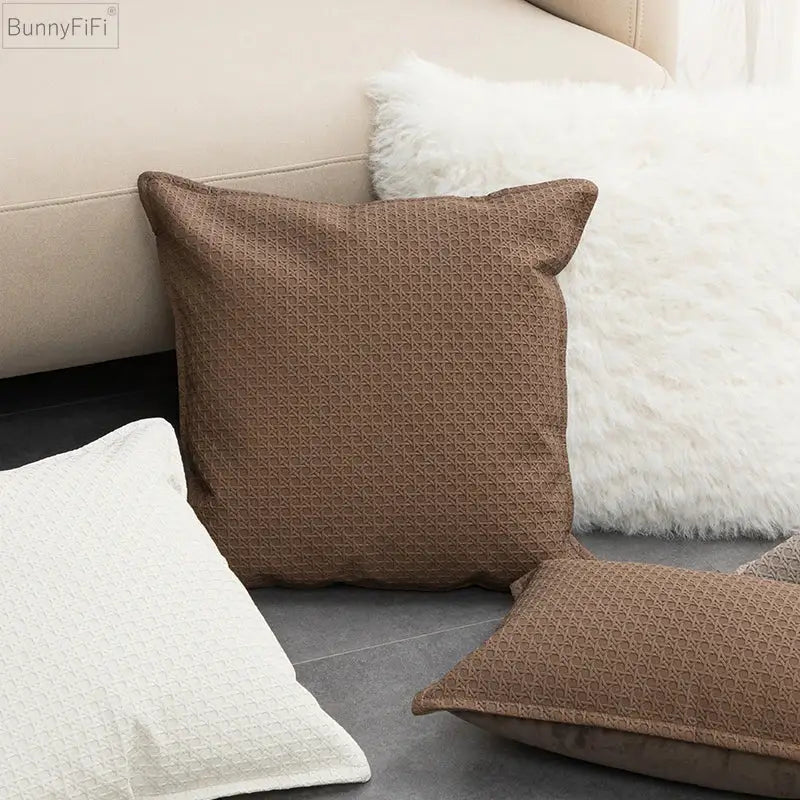 Brown and beige faux leather cushion cover 45x45cm with brown textured woven geometric pattern for living room decorbites decor