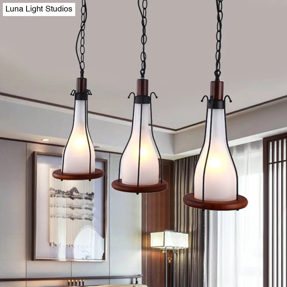 Brown Bottle Pendant Light with Cluster Design - Yellow/White Glass, 3 Heads - for Dining Room Ceiling - Wood Linear Canopy