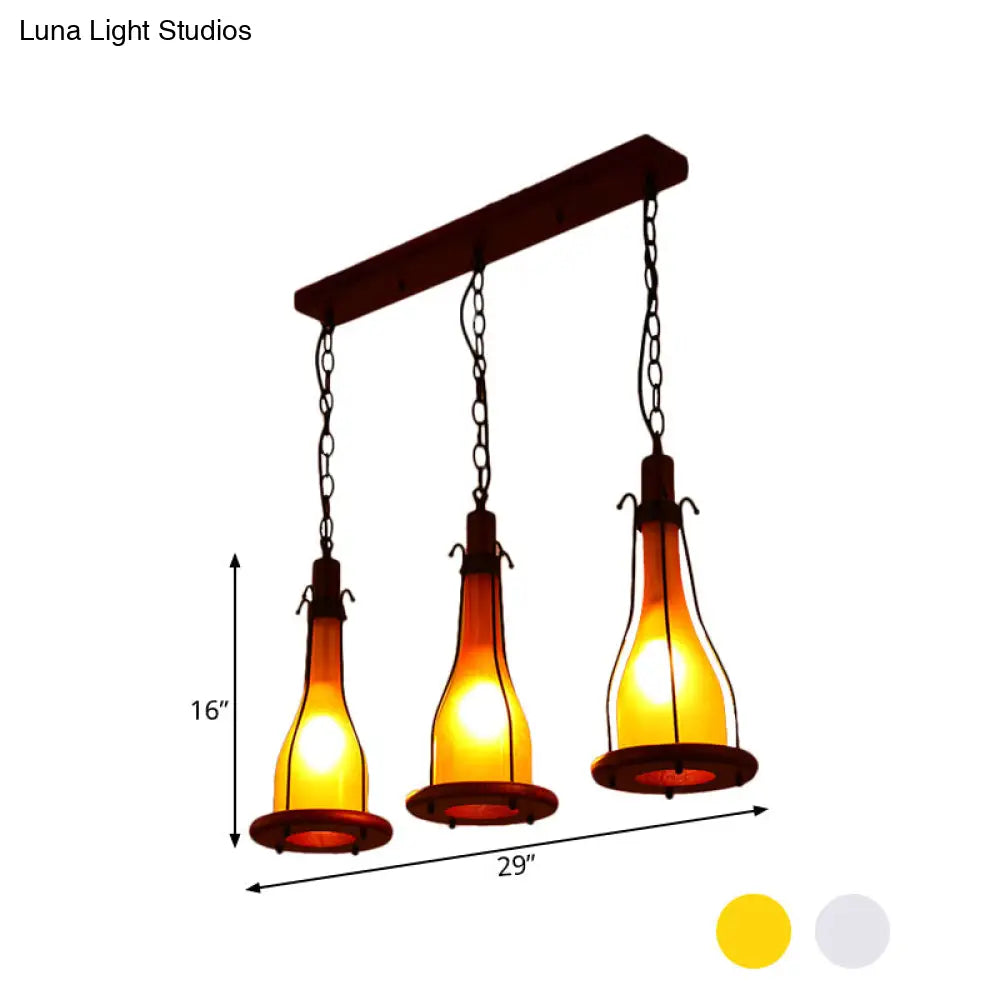 Brown Bottle Pendant Light with Cluster Design - Yellow/White Glass, 3 Heads - for Dining Room Ceiling - Wood Linear Canopy