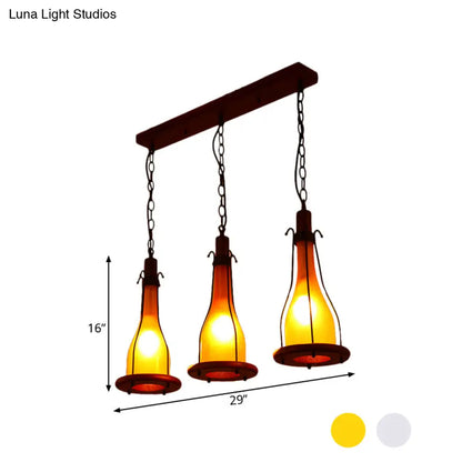 Brown Bottle Pendant Light with Cluster Design - Yellow/White Glass, 3 Heads - for Dining Room Ceiling - Wood Linear Canopy