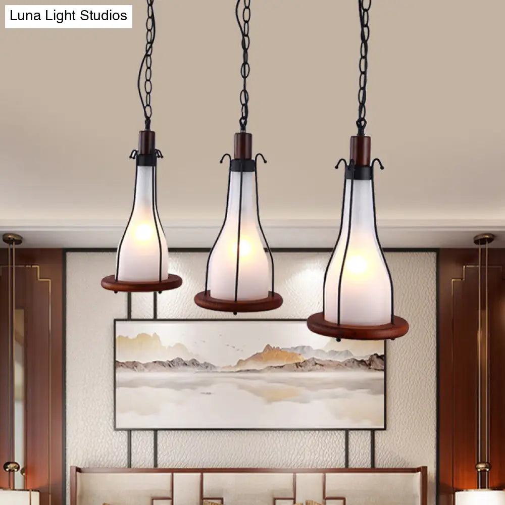 Brown Bottle Pendant Light with Cluster Design - Yellow/White Glass, 3 Heads - for Dining Room Ceiling - Wood Linear Canopy