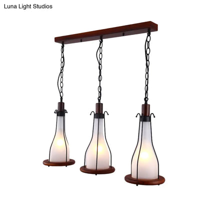 Brown Bottle Pendant Light with Cluster Design - Yellow/White Glass, 3 Heads - for Dining Room Ceiling - Wood Linear Canopy