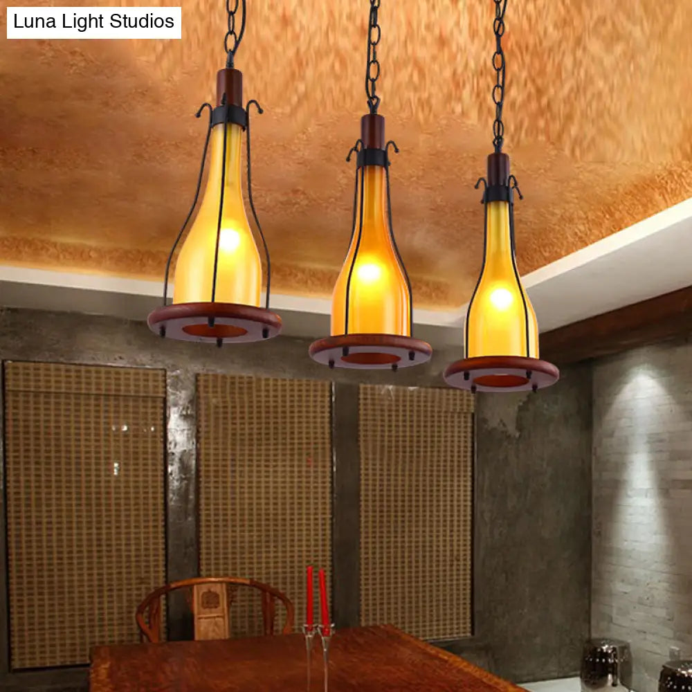 Brown Bottle Pendant Light with Cluster Design - Yellow/White Glass, 3 Heads - for Dining Room Ceiling - Wood Linear Canopy