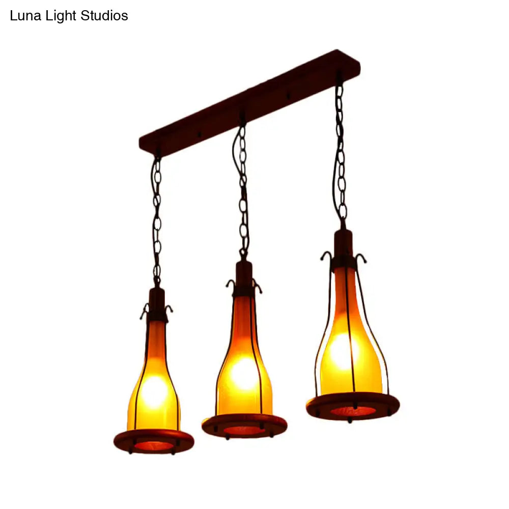 Brown Bottle Pendant Light with Cluster Design - Yellow/White Glass, 3 Heads - for Dining Room Ceiling - Wood Linear Canopy