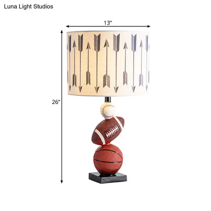 Brown Cartoon Night Table Lamp with Ball Decor - Cylinder Fabric Task Light for Bedroom