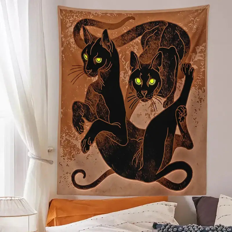 Tan cat witchcraft tapestry featuring two black cats with glowing green eyes for bedroom decorbites cat witchcraft decor