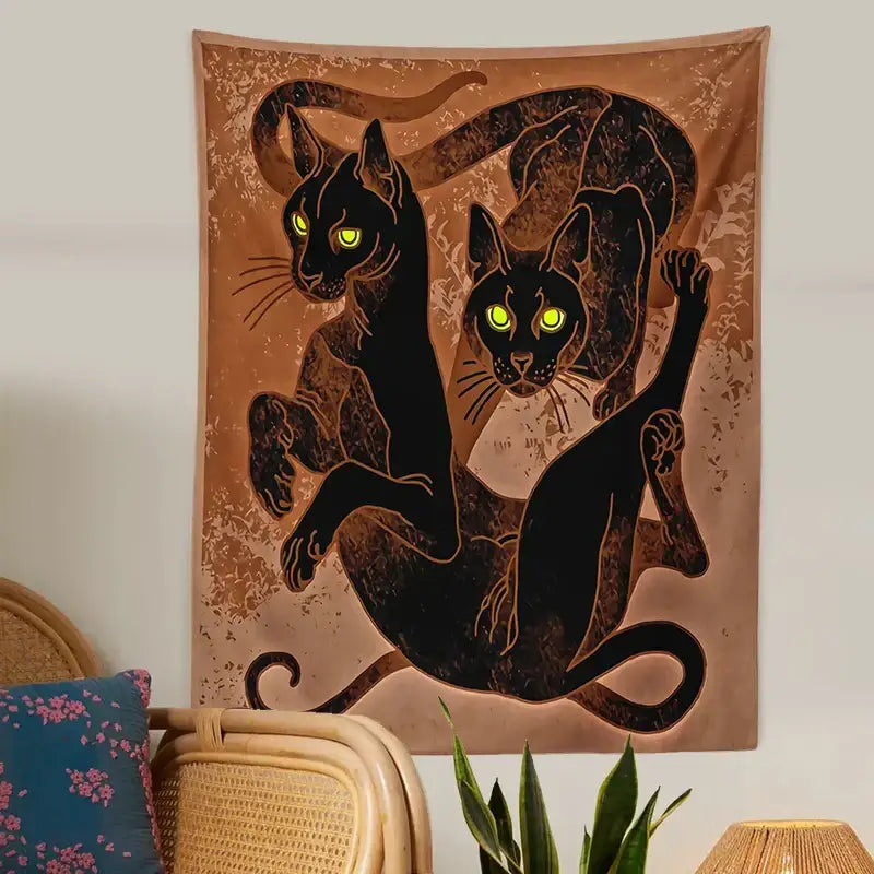 Brown cat witchcraft tapestry featuring two black cats with glowing green eyes for cat witchcraft decorbites decor