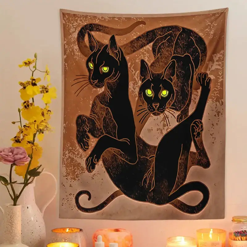 Brown cat witchcraft tapestry featuring two black cats with glowing green eyes for bedroom artistic decorbites cat witchcraft