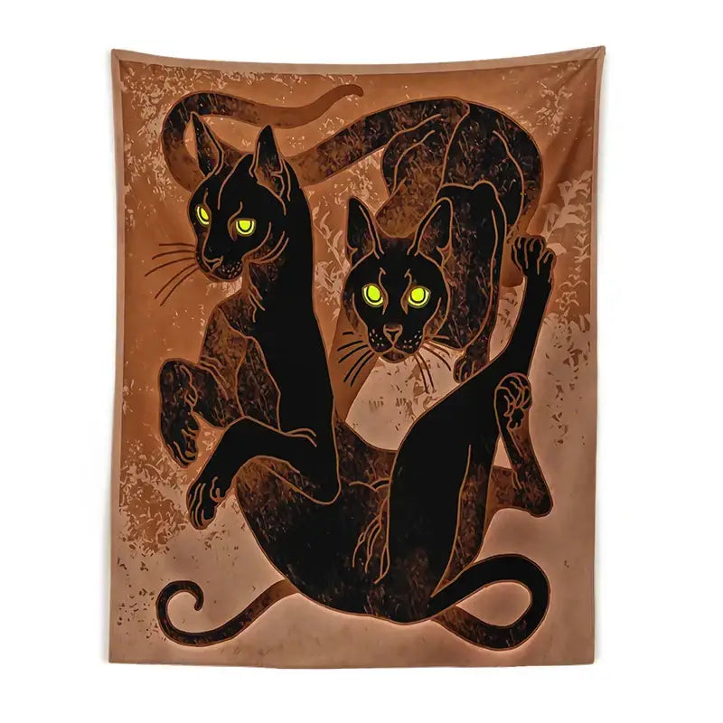 Brown cat witchcraft tapestry featuring two black cats with glowing green eyes for bedroom decorbites cat witchcraft decor