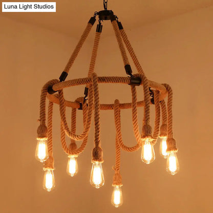 Brown Circle Ceiling Suspension Lamp - Lodge Style - 6/8 Lights - Restaurant Chandelier with Naked Bulb Design