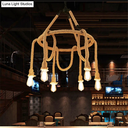 Brown Circle Ceiling Suspension Lamp - Lodge Style - 6/8 Lights - Restaurant Chandelier with Naked Bulb Design