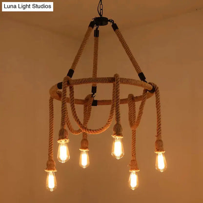 Brown Circle Ceiling Suspension Lamp - Lodge Style - 6/8 Lights - Restaurant Chandelier with Naked Bulb Design