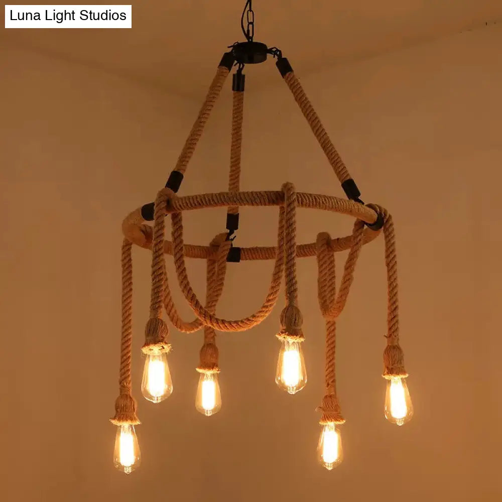 Brown Circle Ceiling Suspension Lamp - Lodge Style - 6/8 Lights - Restaurant Chandelier with Naked Bulb Design