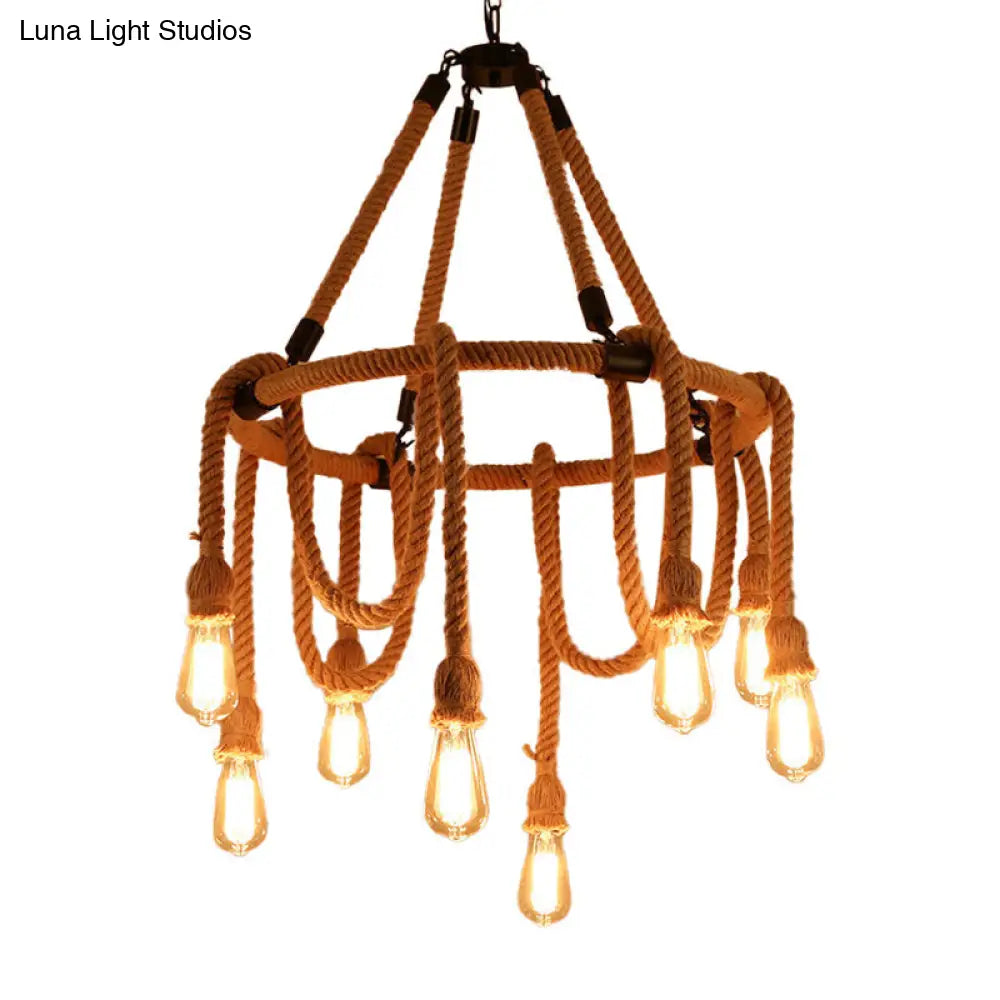 Brown Circle Ceiling Suspension Lamp - Lodge Style - 6/8 Lights - Restaurant Chandelier with Naked Bulb Design