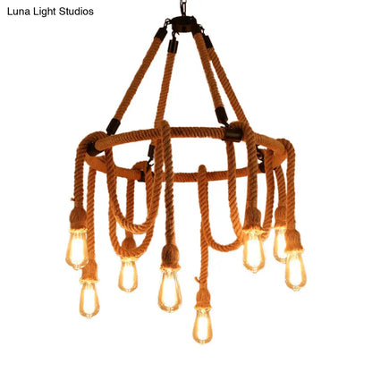 Brown Circle Ceiling Suspension Lamp - Lodge Style - 6/8 Lights - Restaurant Chandelier with Naked Bulb Design