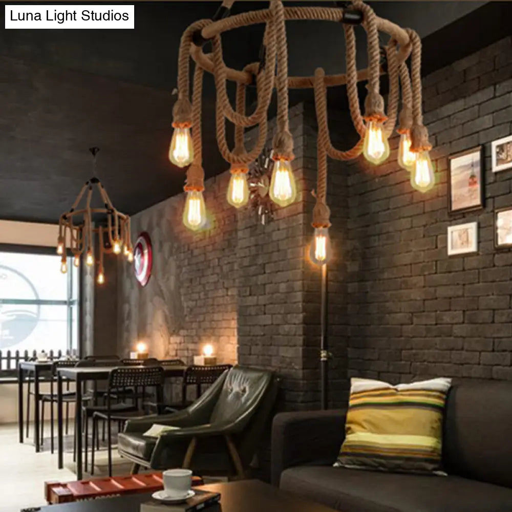 Brown Circle Ceiling Suspension Lamp - Lodge Style - 6/8 Lights - Restaurant Chandelier with Naked Bulb Design