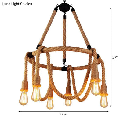 Brown Circle Ceiling Suspension Lamp - Lodge Style - 6/8 Lights - Restaurant Chandelier with Naked Bulb Design