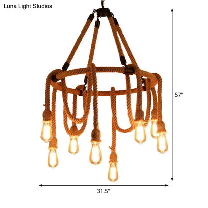 Brown Circle Ceiling Suspension Lamp - Lodge Style - 6/8 Lights - Restaurant Chandelier with Naked Bulb Design