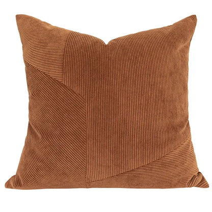 Brown corduroy patchwork cushion cover with a square rust-colored geometric design for living room decorbites brown corduroy