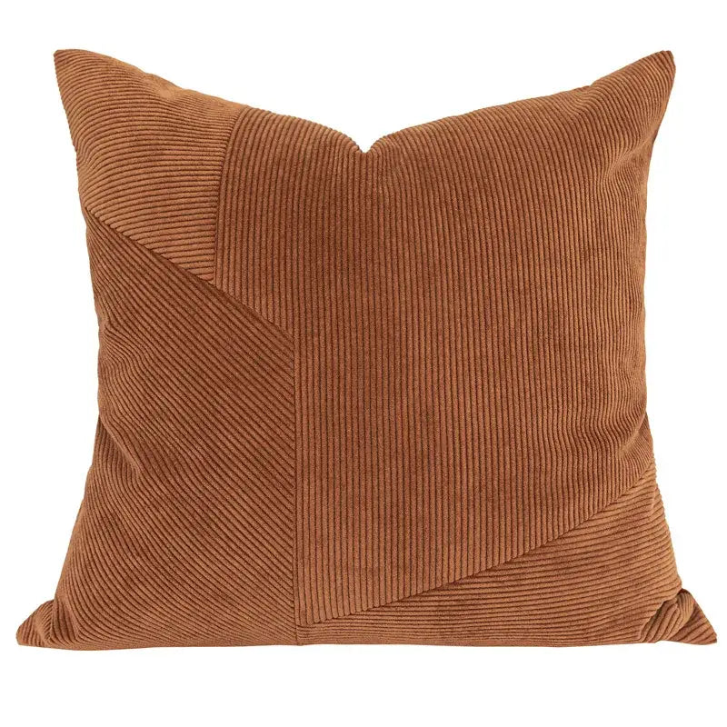 Brown corduroy patchwork cushion cover with a square rust-colored geometric design for living room decorbites brown corduroy