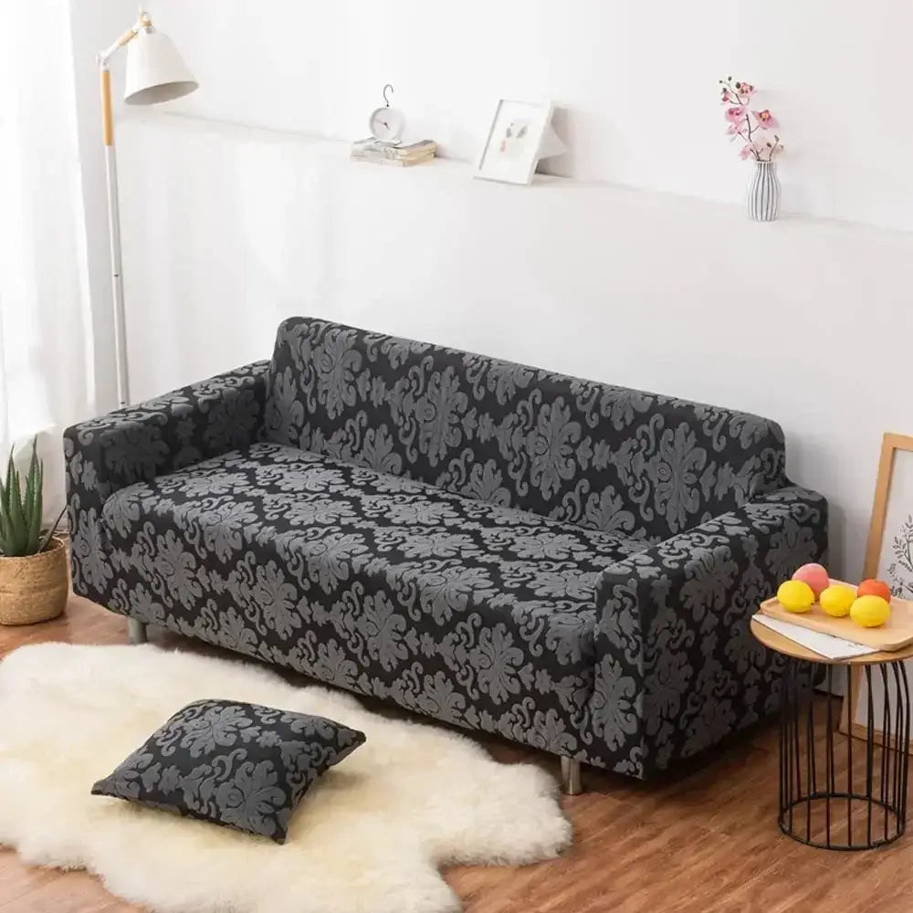 Black and gray damask-patterned stretch sofa cover slipcovers with matching pillow for solid embossed decorbites 3d decor