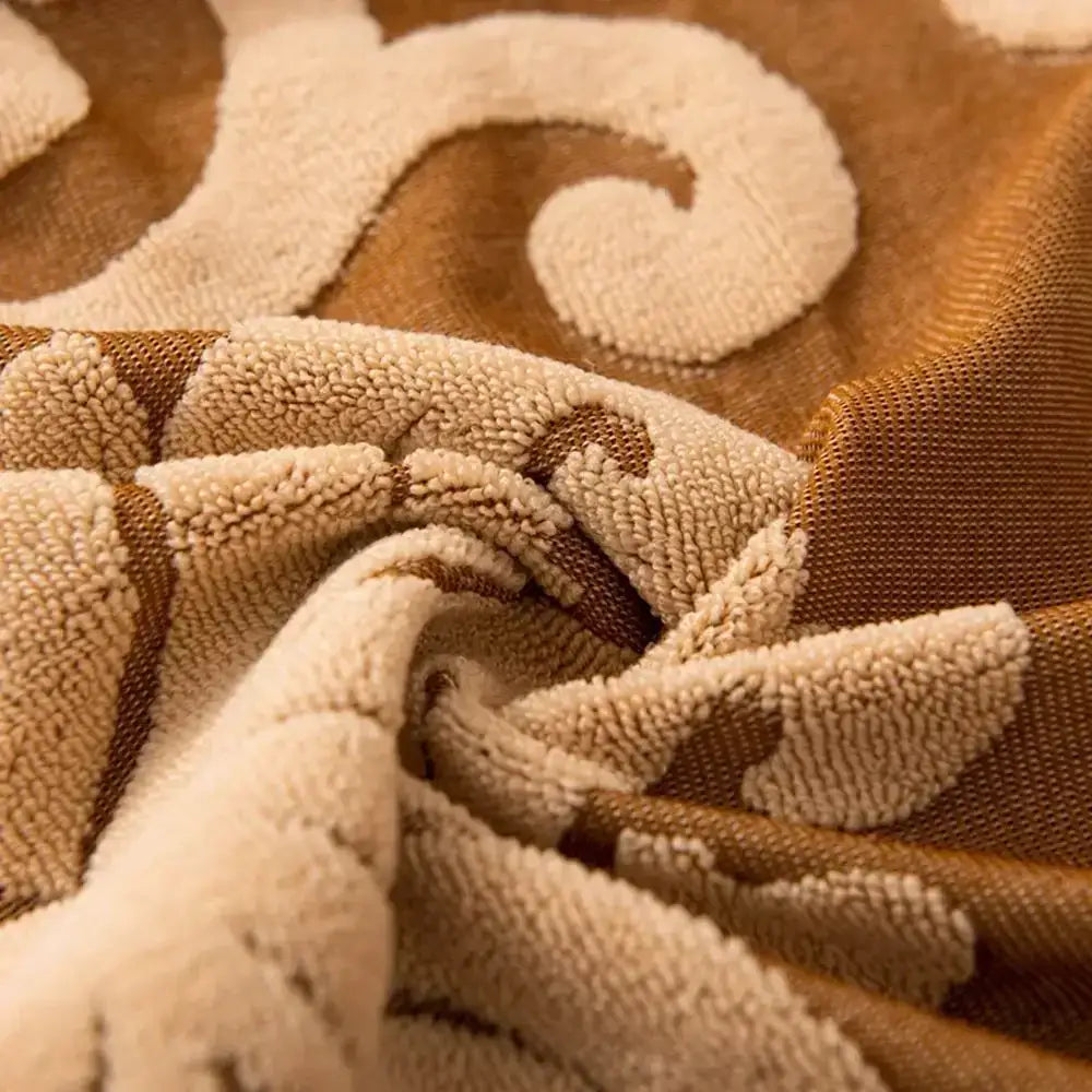 Cream and tan patterned plush towel with raised textured swirls on brown damask solid embossed sofa cover slipcovers decorbites 3d solid