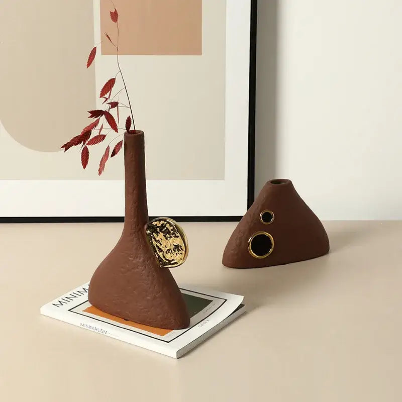 Brown geometric triangle ceramic vase with slender neck textured surface and gold accent for living room decorbites decor