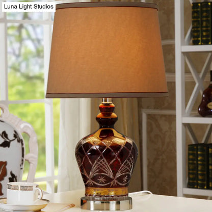 Brown Jug Farmhouse Ceramic Dining Room Table Lamp with Drum Shade