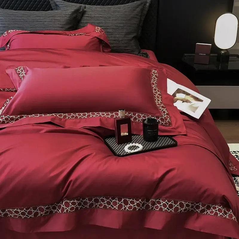Brown lace embroidery bedding set in rich burgundy satin with gold and white geometric details made of egyptian cotton linen