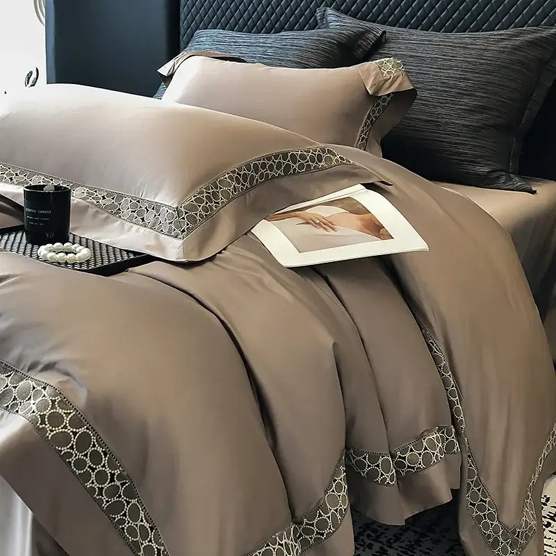 Beige satin bedding set with elegant gray geometric embroidery trim in decorbites brown lace embroidery egyptian cotton linen