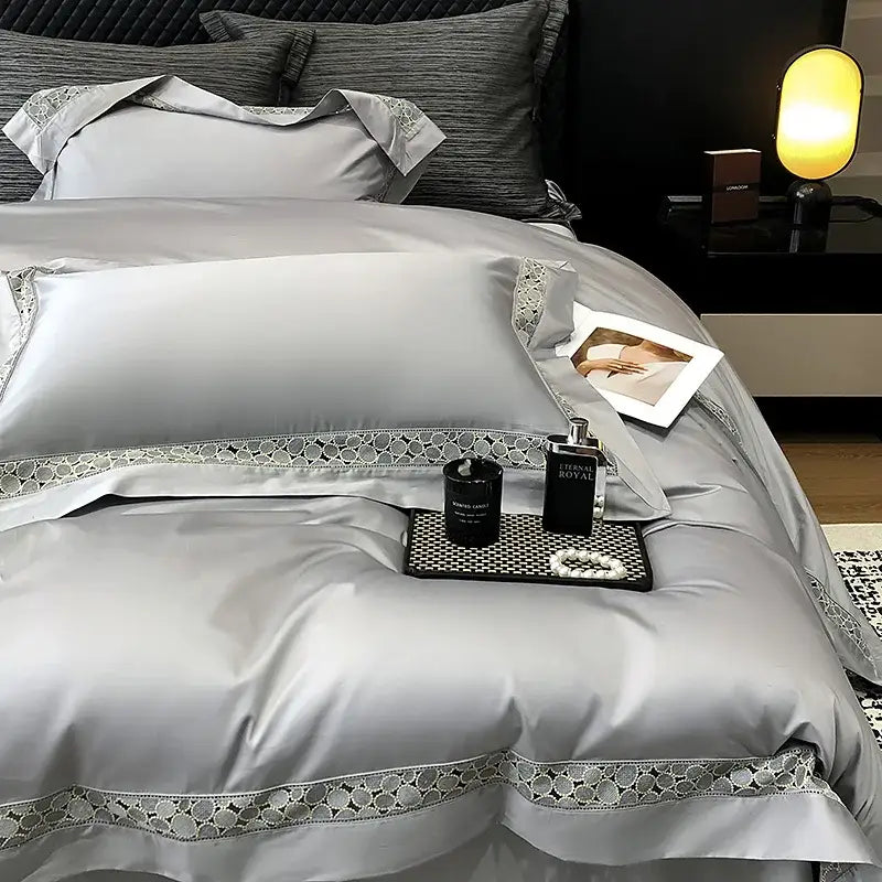 Silver satin bedding set with delicate lace trim complementing decorbites brown lace embroidery egyptian cotton linen