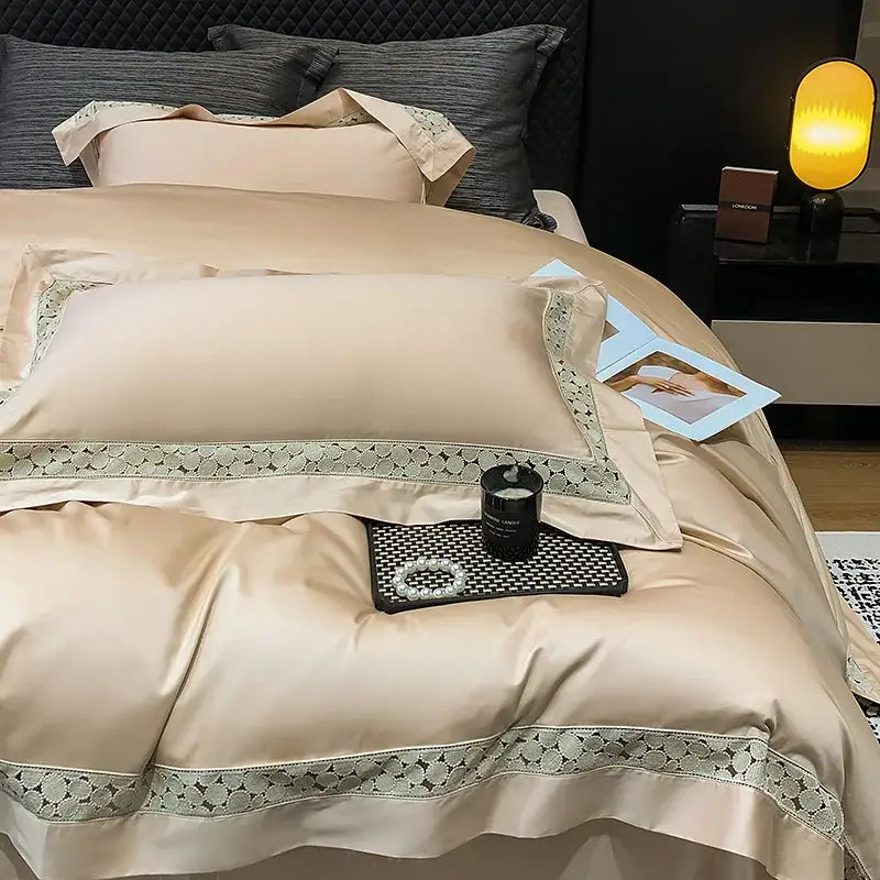 Beige satin bedding set with delicate silver brown lace embroidery trim made from Egyptian cotton linen for decorbites brown lace collection
