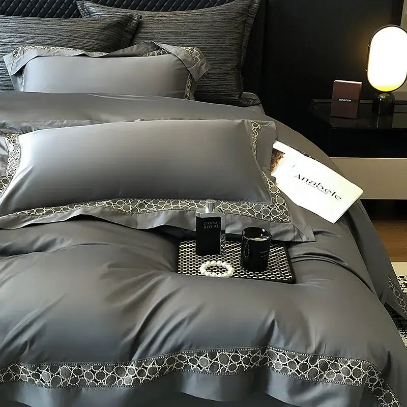 Luxury gray satin bedding set with elegant brown lace embroidery and black silver geometric trim for decorbites brown lace collection