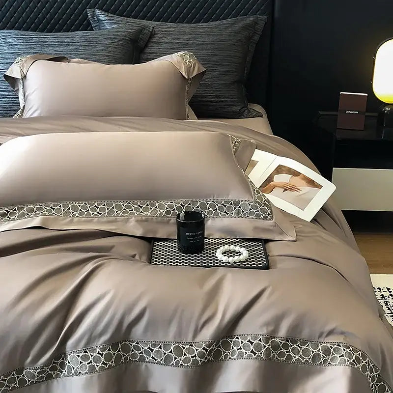 Beige satin bedding set with silver-gray lace trim from decorbites brown lace embroidery egyptian cotton linen collection