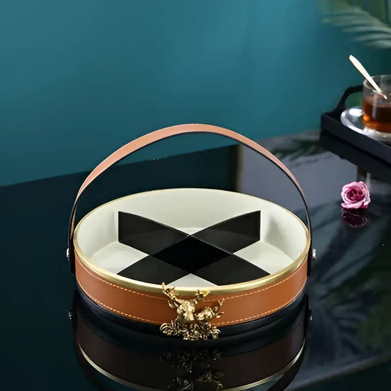 Brown leather desktop storage basket with gold horse clasp tan tray and black interior compartments for office use