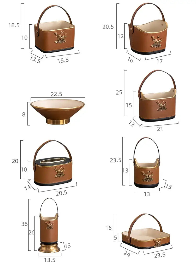Brown leather desktop storage basket with gold-toned eagle emblem and brass base for office organization