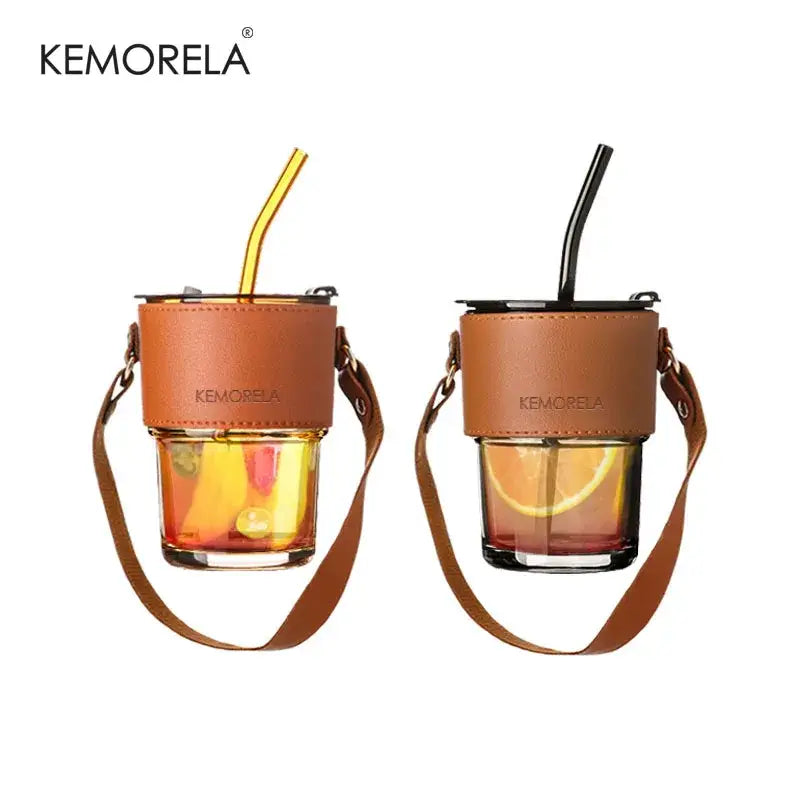 Brown leather glass coffee cup with gold straw features kemorela drink holders with glass cups and straws