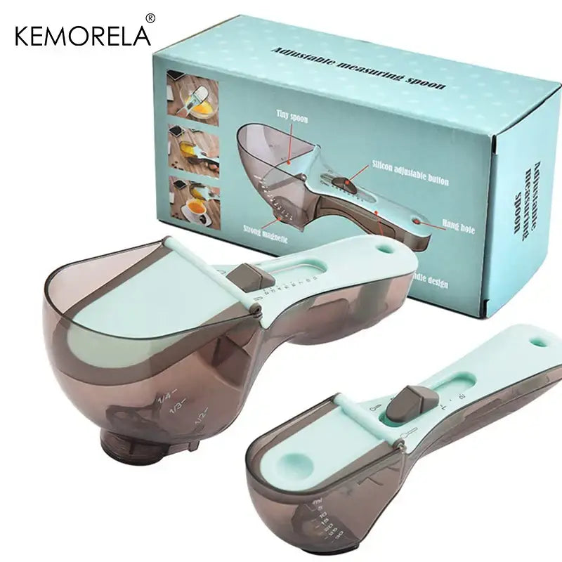 Brown and light blue kemorela adjustable measuring cups with translucent plastic and silicone button for volume adjustment