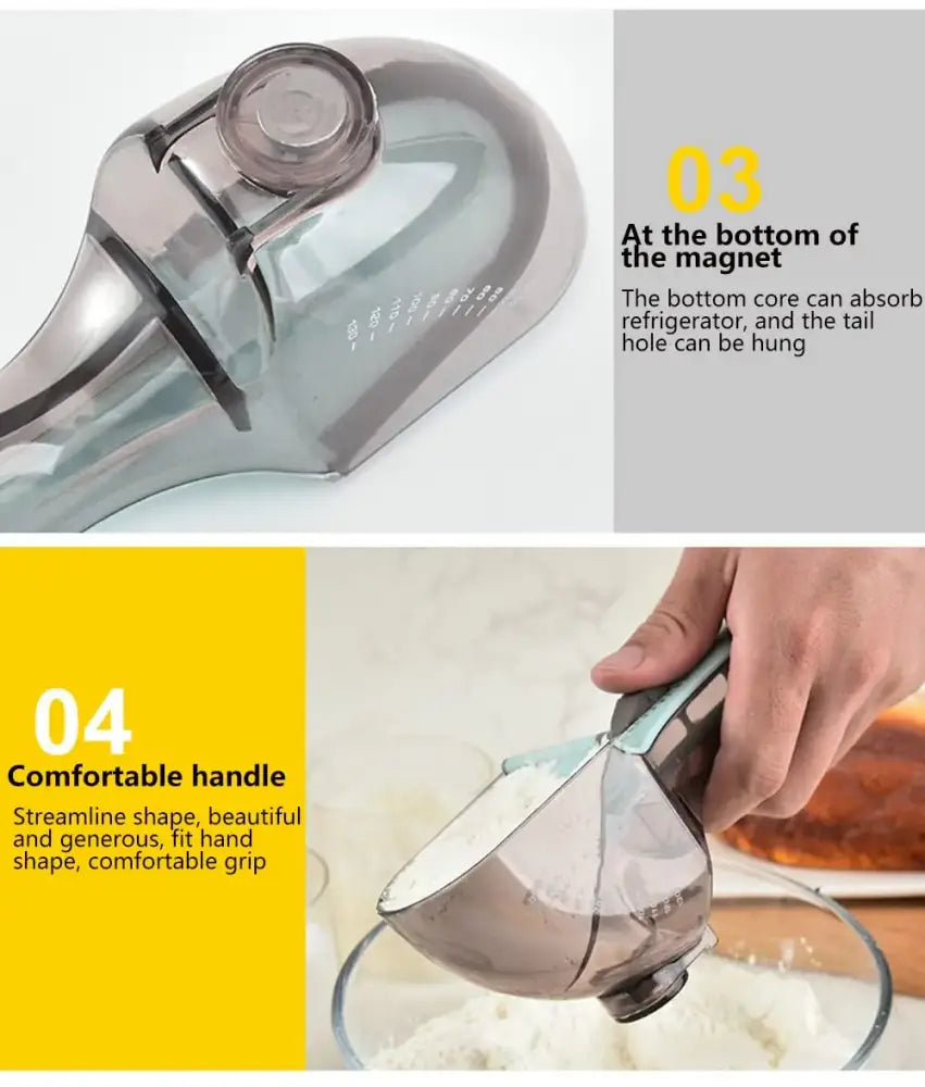 Transparent gray plastic measuring scoop with ergonomic handle and measurement markings for adjustable measuring cups set