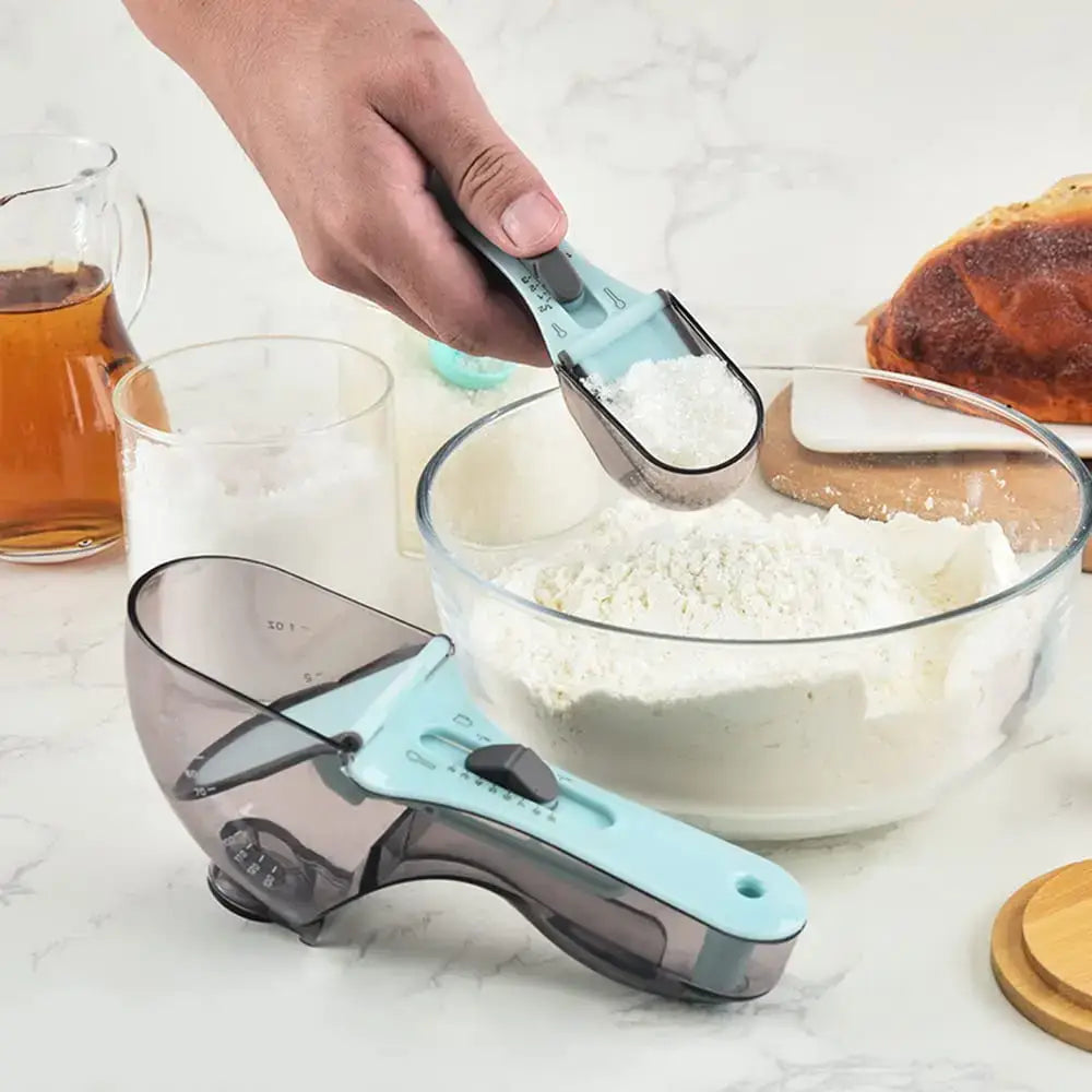 Brown and light blue adjustable measuring cups kitchen spoon set with light blue transparent plastic and sliding mechanism