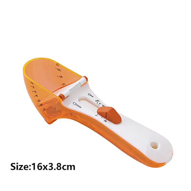 Brown and light blue adjustable measuring cups and orange and white plastic measuring spoon with sliding mechanism for precise portioning