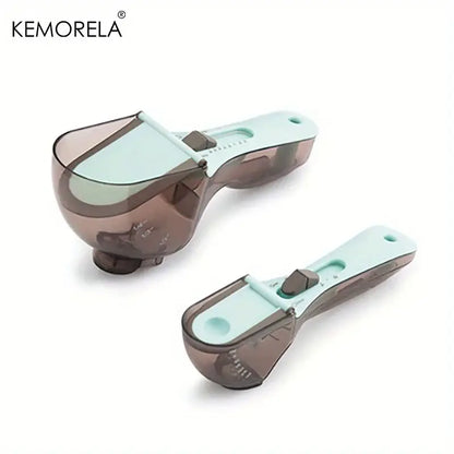 Set of two translucent brown and mint green adjustable measuring cups with sliding lid mechanism for kitchen use