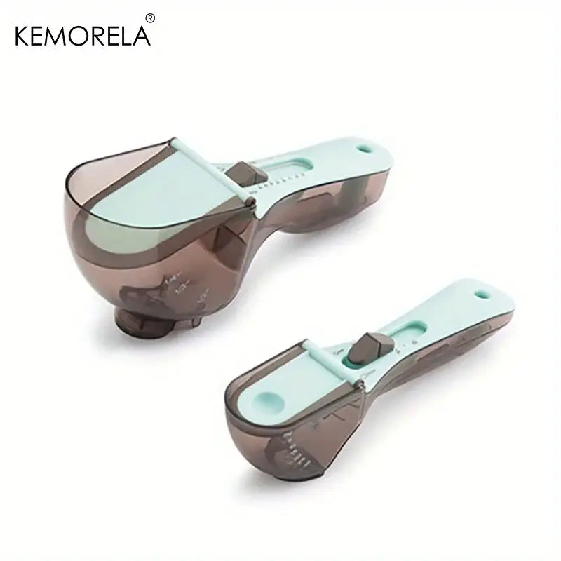 Set of two translucent brown and mint green adjustable measuring cups with sliding lid mechanism for kitchen use