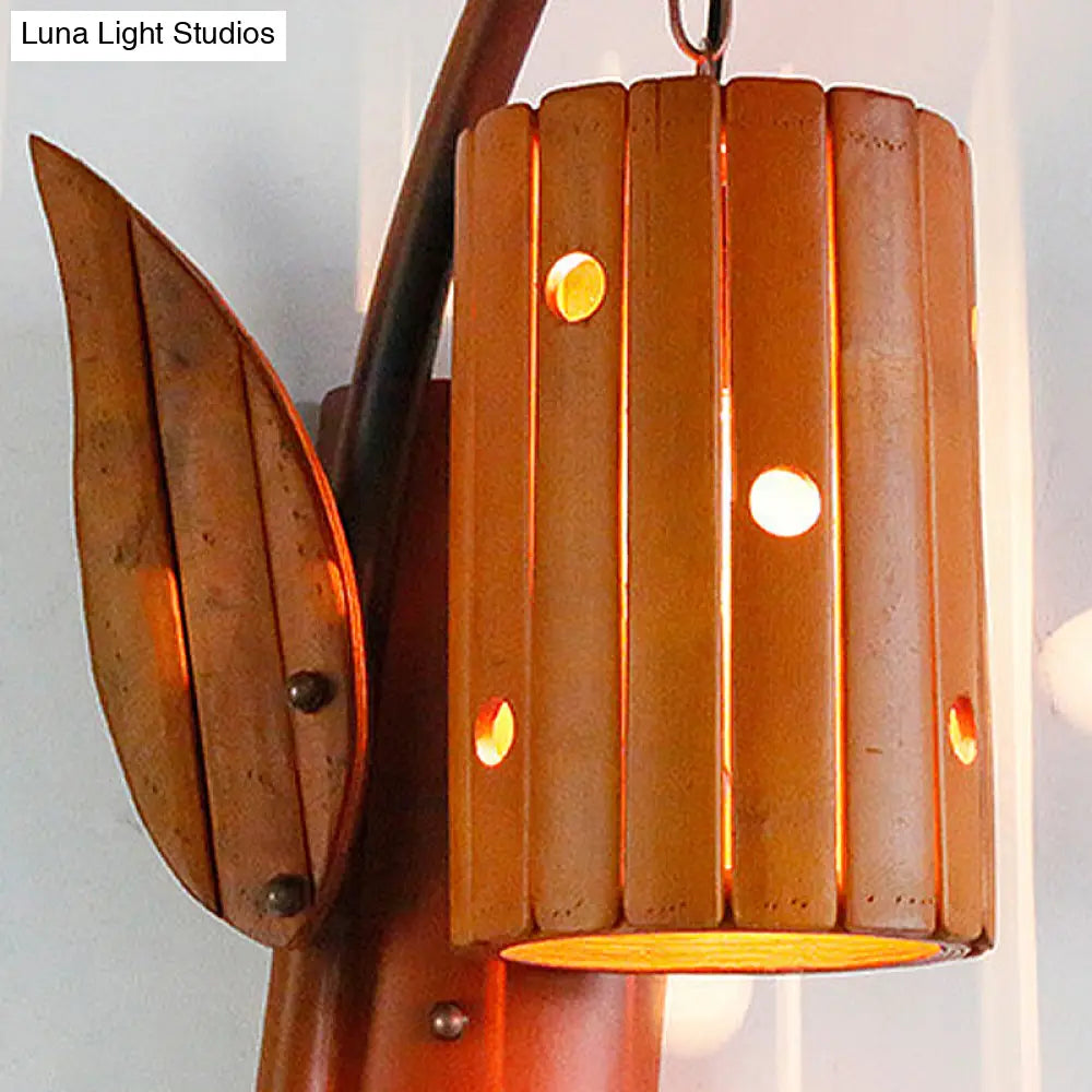 DecorBites™ Brown Lodge Style Wall Lamp with Bamboo Shade and Leaf Decor - Perfect for Corridor