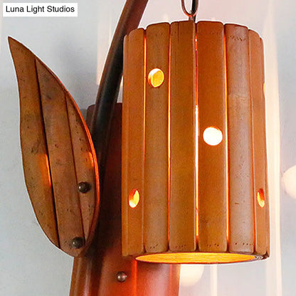 DecorBites™ Brown Lodge Style Wall Lamp with Bamboo Shade and Leaf Decor - Perfect for Corridor