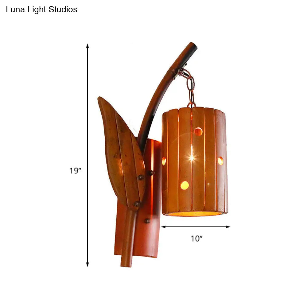 DecorBites™ Brown Lodge Style Wall Lamp with Bamboo Shade and Leaf Decor - Perfect for Corridor