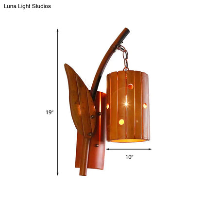 DecorBites™ Brown Lodge Style Wall Lamp with Bamboo Shade and Leaf Decor - Perfect for Corridor