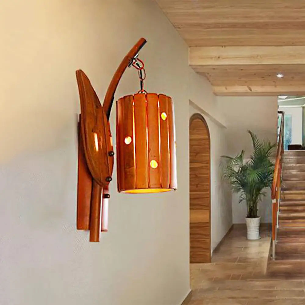 DecorBites™ Brown Lodge Style Wall Lamp with Bamboo Shade and Leaf Decor - Perfect for Corridor