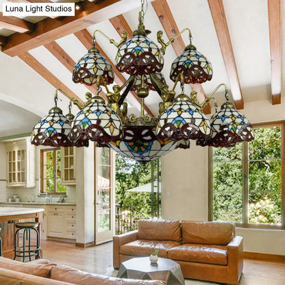 ثريا بنية اللون بتصميم حورية البحر مع قبة زجاجية تيفاني لغرفة المعيشة - 15 مصباحًا